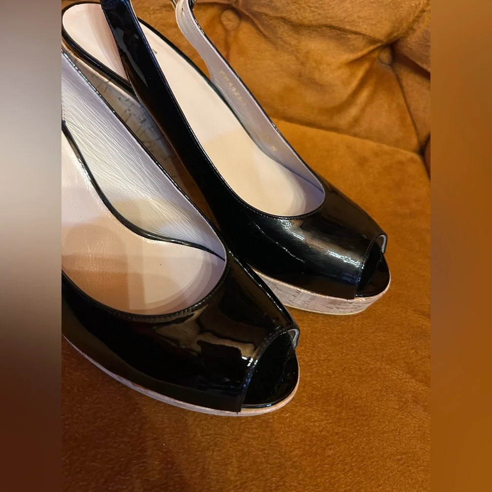 Stuart Weitzman Black Patent Leather Jean Peep Toe Cork platform wedge 9.5